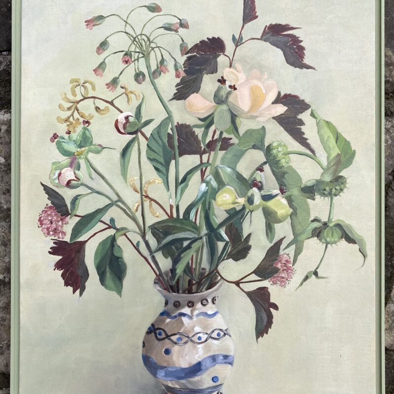 Summer flowers in blue vase. 58x48cms oil on canvas board framed