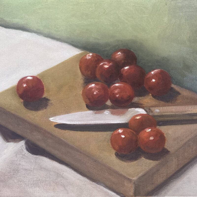 Cherry tomatoes oil on canvas board (unframed). 30x24cm (unframed) £80