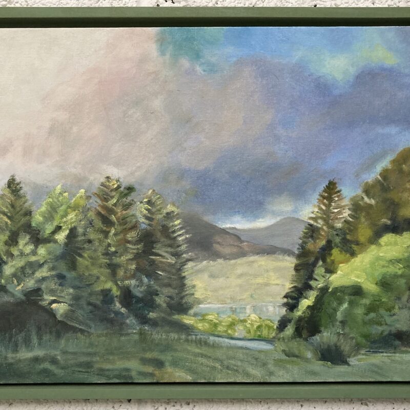 Bright sun on Kilmackkillogue Harbour, from Derreen Gardens, Ireland. Oil on canvas board. Framed