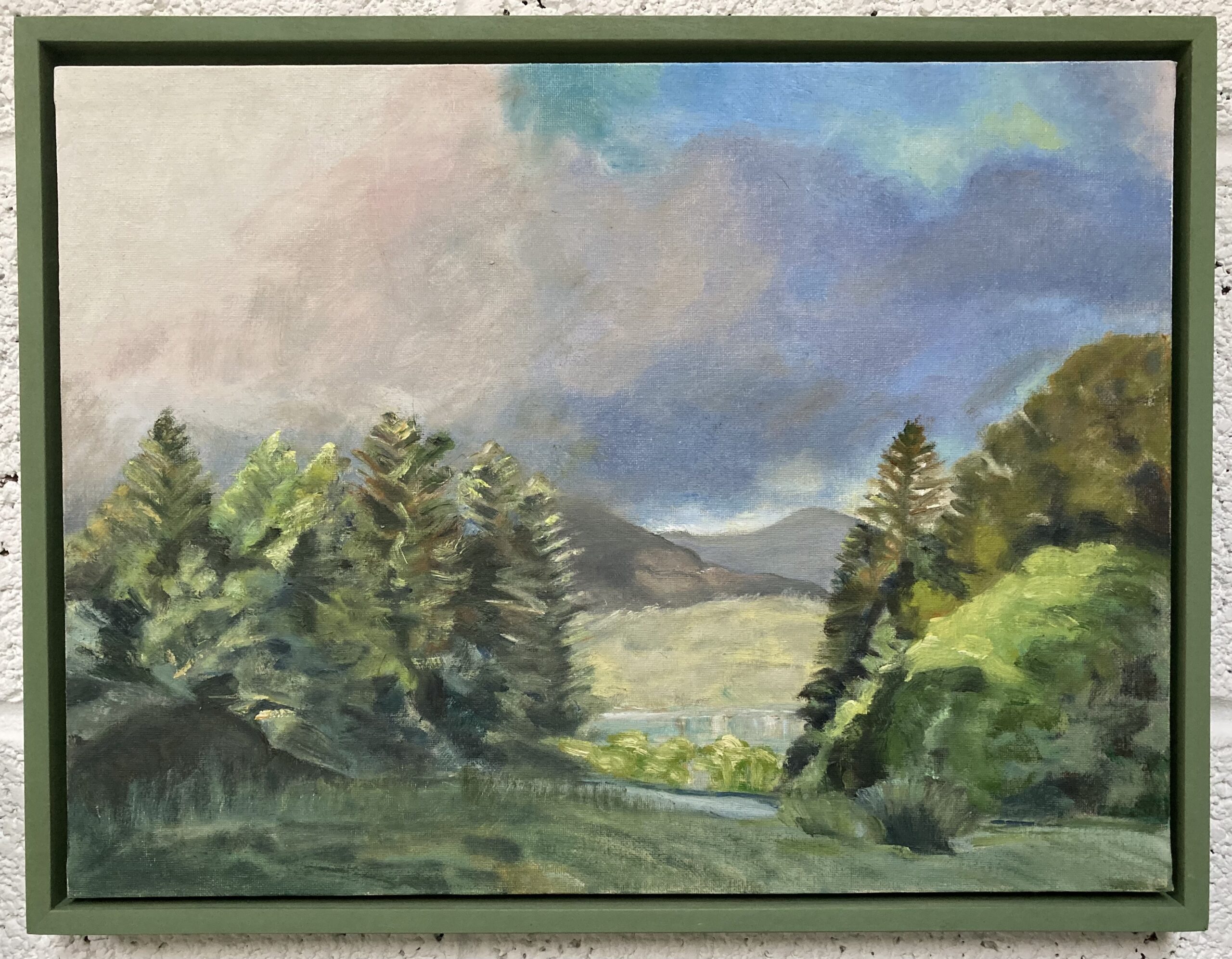Bright sun on Kilmackkillogue Harbour, from Derreen Gardens, Ireland. Oil on canvas board. Framed
