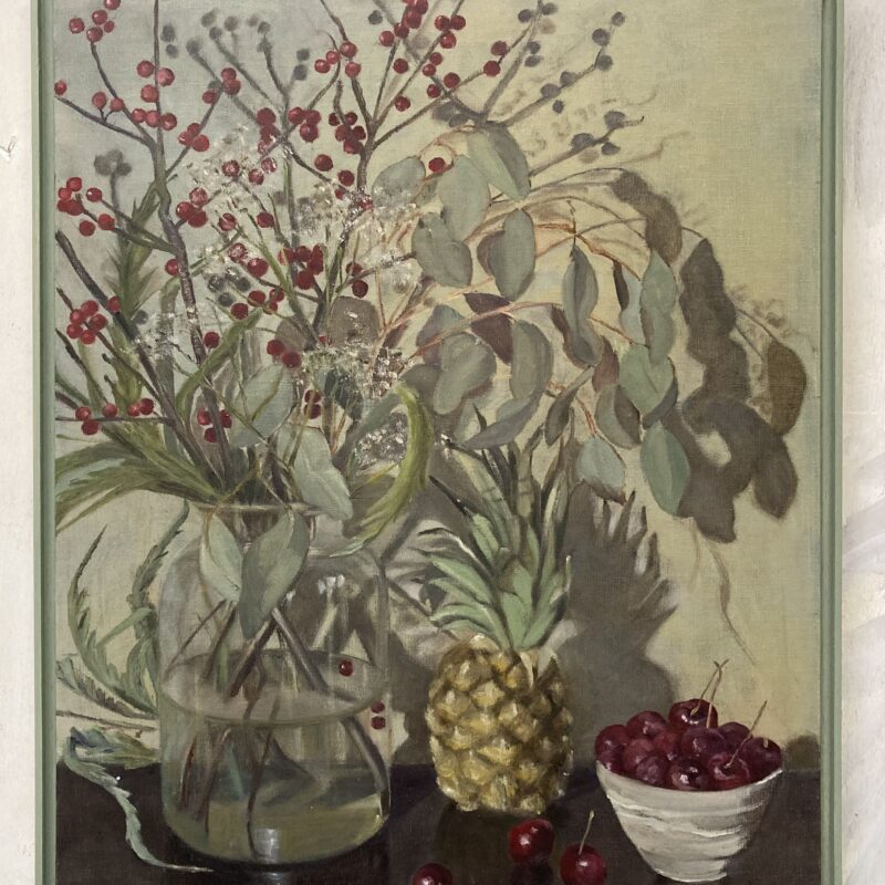 Still Life, glass jar and fruit. Oil on canvas board. Framed 54.6x44cm.